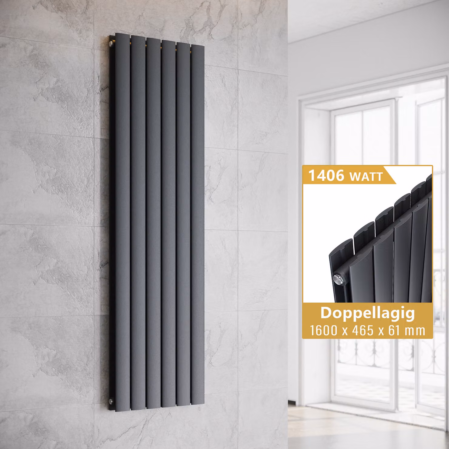 SONNI Radiatore verticale di design a pannelli, a doppio strato, antracite, 1600×465 mm, senza resistenza