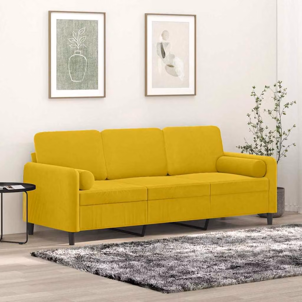 vidaXL Divano a 3 Posti Moderno in Velluto Giallo con Cuscini e Rivestimenti Rimovibili L: 198 cm, P: 80 cm, H: 77 cm