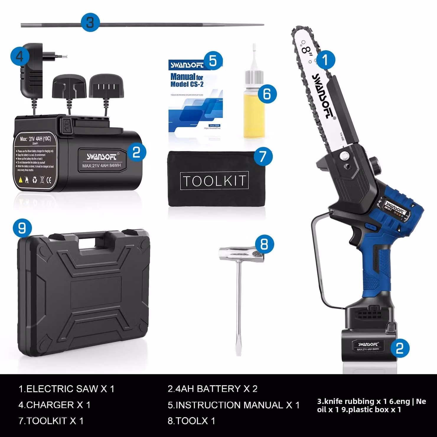Troncatrice elettrica blu - 650W - lama da 8 pollici - 2 batterie, ideale per giardinaggio e uso esterno