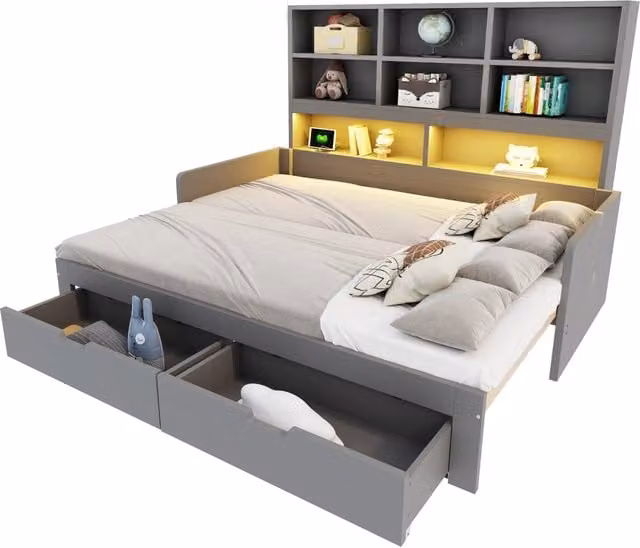 Letto singolo estraibile 90/180x200 cm con LED; prese e cassetti in MDF grigio