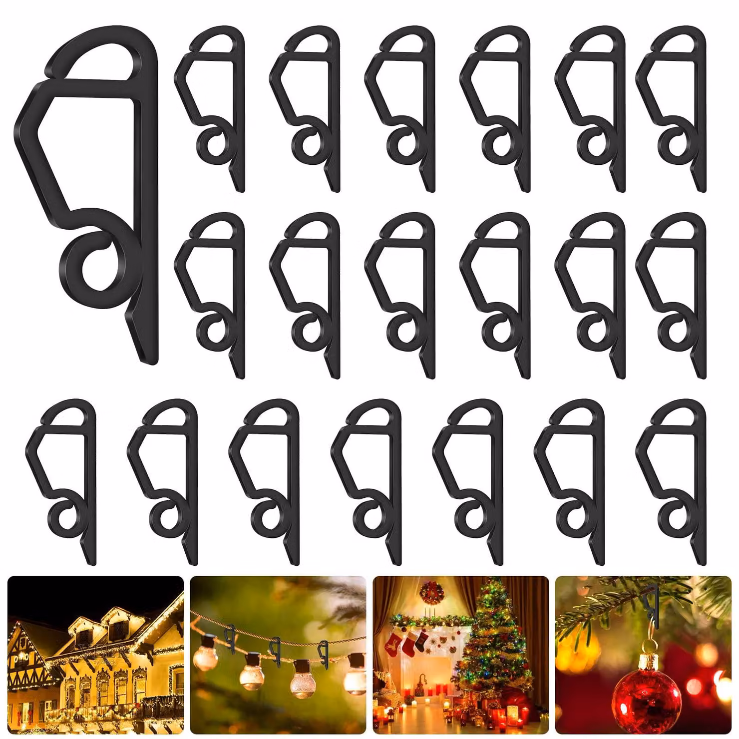 120 ganci per grondaie, adatti per luci decorative, in plastica, colore nero