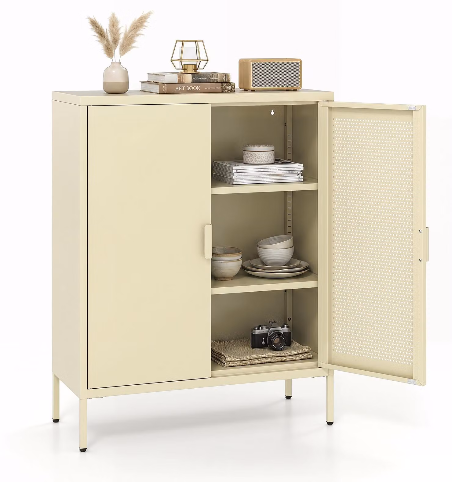Armadio metallico con ripiano, pensili da cucina con ante a griglia, mobile contenitore con porta magnetica e sistema di sicurezza anticaduta, credenza, colore giallo