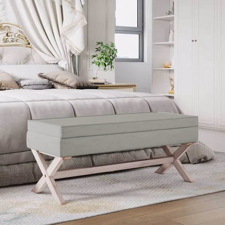 Sgabello portaoggetti vidaXL in velluto grigio con struttura in legno L: 110 cm, P: 45 cm, H: 49 cm