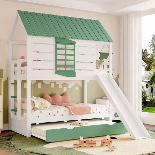 Letto a castello a forma di casa con scivolo e letto estraibile, 90x200 cm, bianco/verde