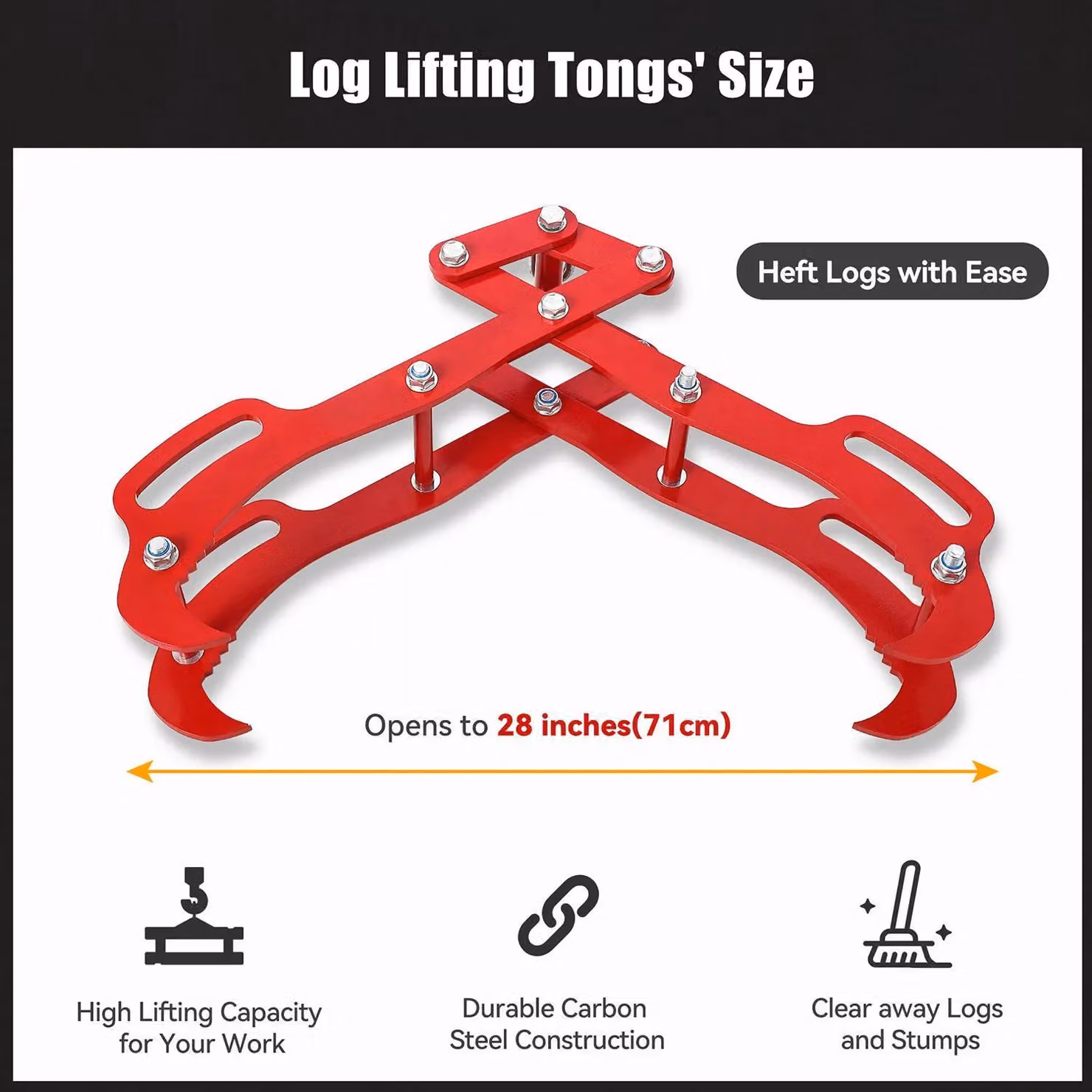 Pinza per tronchi in legno - Pinza a quattro ganasce per il sollevamento, 71 cm - Acciaio legato ad alta resistenza - Rotazione a 360° - Adatta per trattori, ATV, macchine forestali e carrelli elevatori