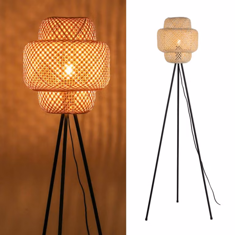 Lampada da terra a tre gambe EDDA con paralume in rattan naturale – E27, stile nordico-bohemien