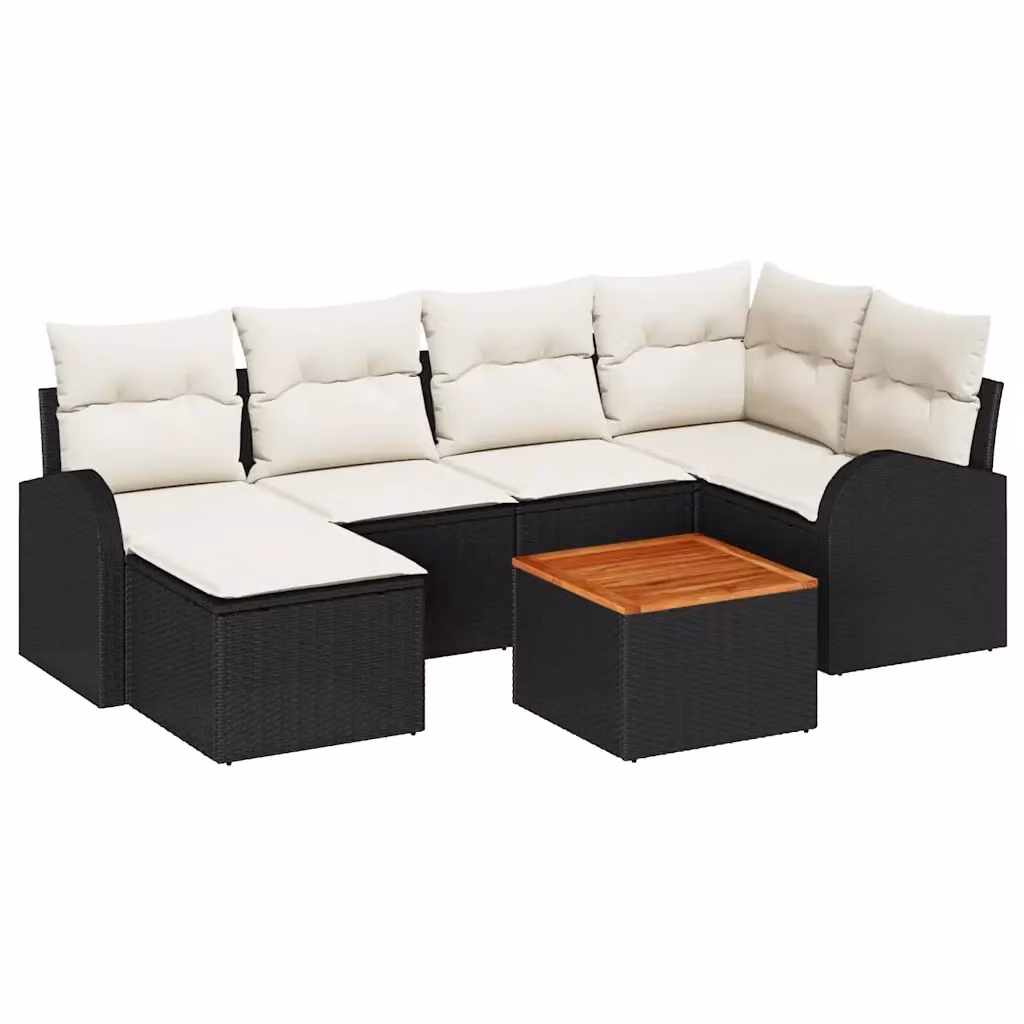 Set Divano da Giardino vidaXL 7 pz a Forma a L con Poltroncina e Tavolino, Colore Nero e Beige, Struttura in Metallo e Polyrattan con Cuscini Inclusi – 2