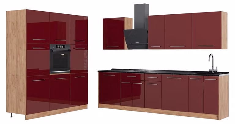 Cucina componibile Vicco Fame-Line Bordeaux lucido/Rovere dorato 460 cm, PL Antracite, Model 63801