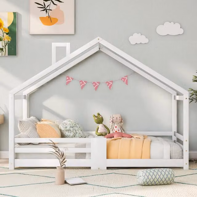 Letto casetta per bambini 90x200 cm in legno massello di pino; bianco con sponde anticaduta