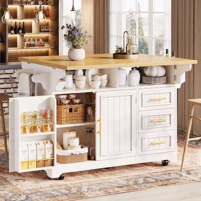 Isola da cucina - Carrello da pranzo con ruote - Credenza - Piano d'appoggio estensibile - 3 cassetti - Maniglie in metallo - Bianco e color legno naturale