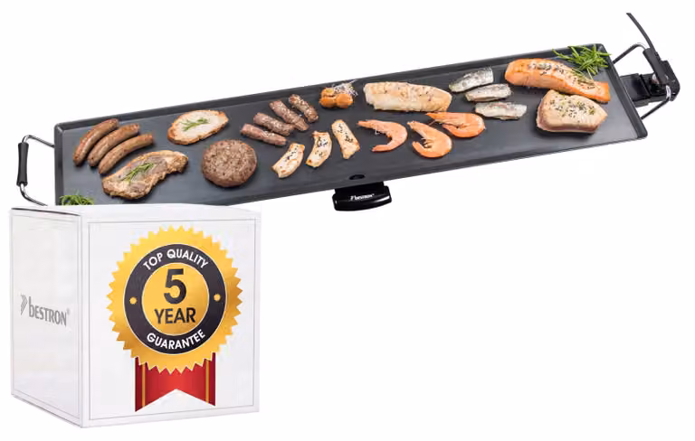 Piastra elettrica XXXL plancha/teppanyaki Bestron con rivestimento antiaderente, divertimento alla griglia fino a 10 persone, superficie grill extra lunga, 2.000 watt, colore; nero