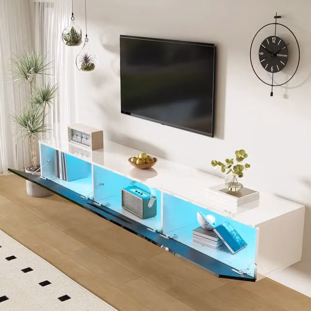 Mobile TV nero e bianco - Zephmum - 180 cm, finitura lucida, illuminazione LED a 16 colori, montabile a parete