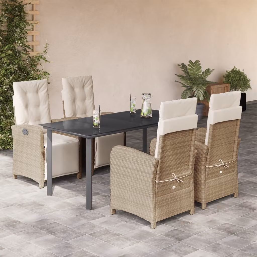 Set da Pranzo da Giardino vidaXL in Polyrattan con Cuscini Beige e Tavolo in Vetro per 5 Persone – 1