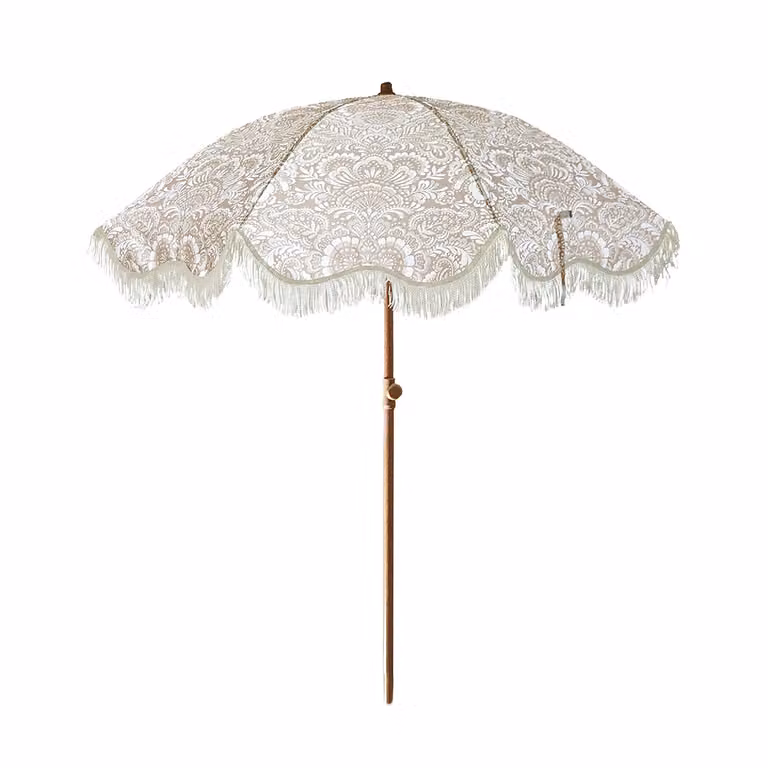 Ombrellone da mare con frange Vestiamo Casa Mare beige con snodo, Altezza: 205 cm, Diametro: 200 cm