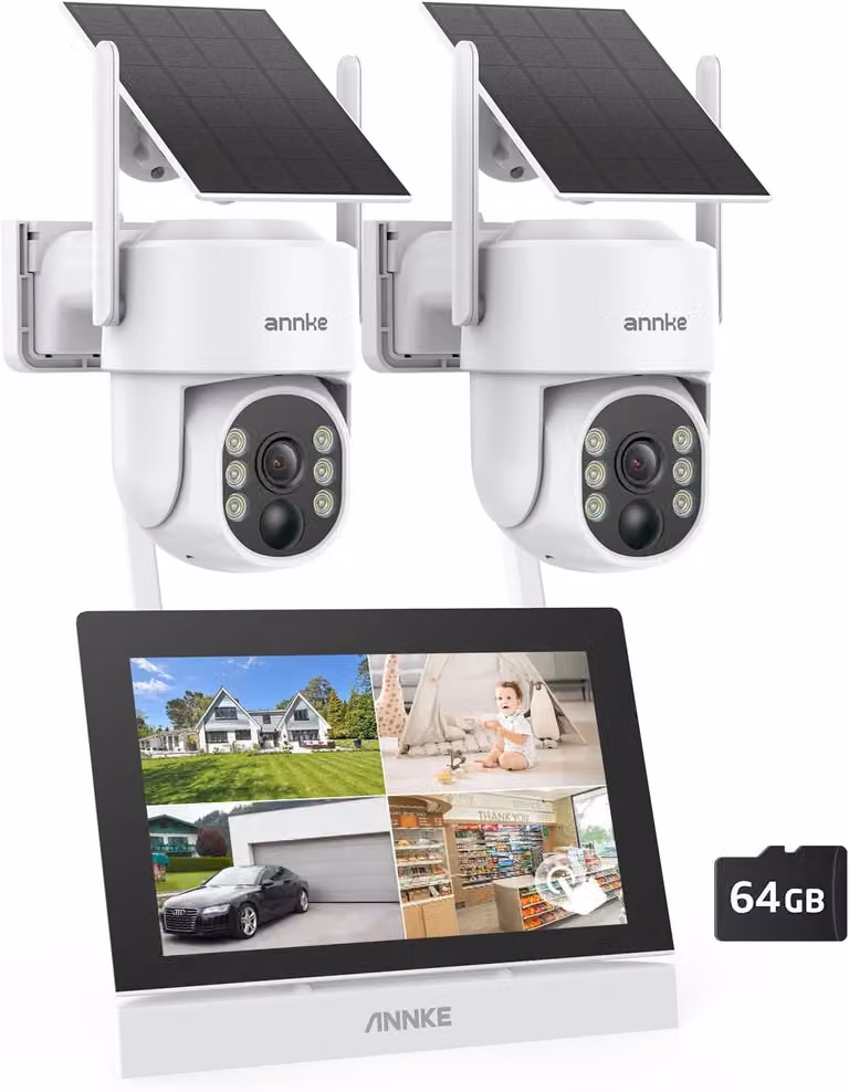 Kit di telecamere di sicurezza per esterni composto da: monitor da 4 canali da 17,8 cm, 2 telecamere di sicurezza per esterni da 4MP con alimentazione a batteria e pannello solare, rotazione a 270° e inclinazione a 90°, audio bidirezionale