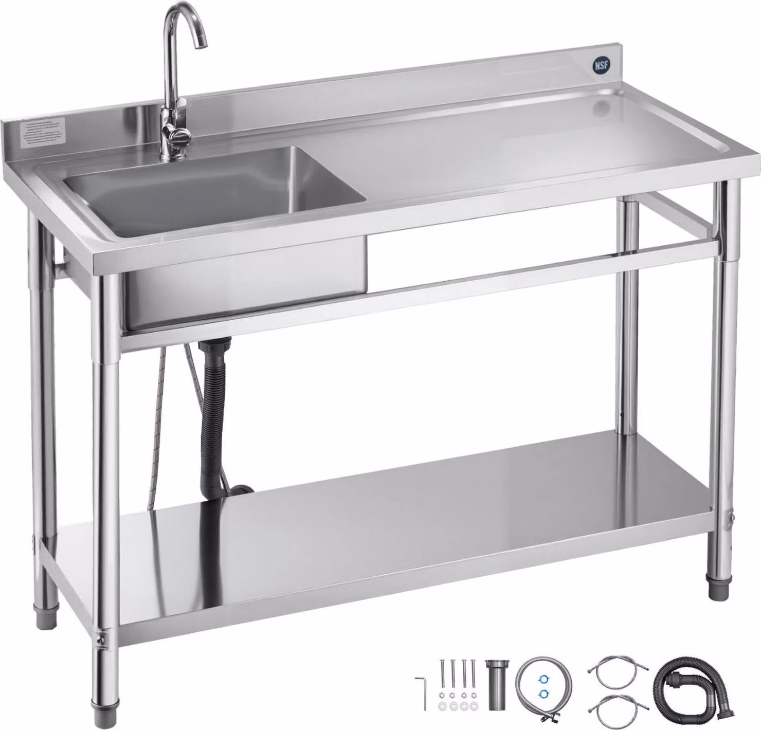 Lavello da cucina in acciaio inox - Lavello da cucina a vasca singola - 120 x 50 x 94 cm - Con rubinetto - Con ripiano - Indipendente - Vasca a destra