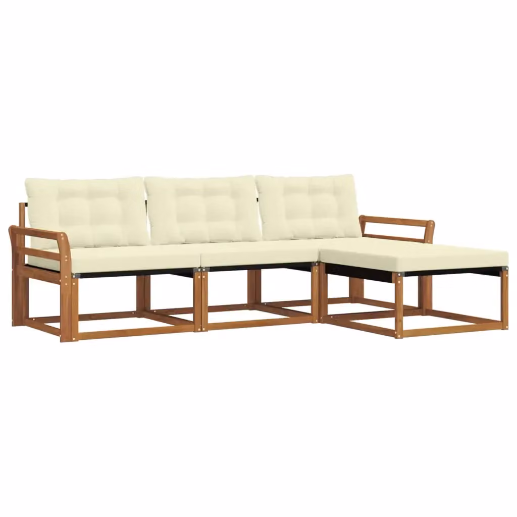 Set di divani da esterno a L con ottoman vidaXL in legno di acacia e tessuto beige e bianco – 2
