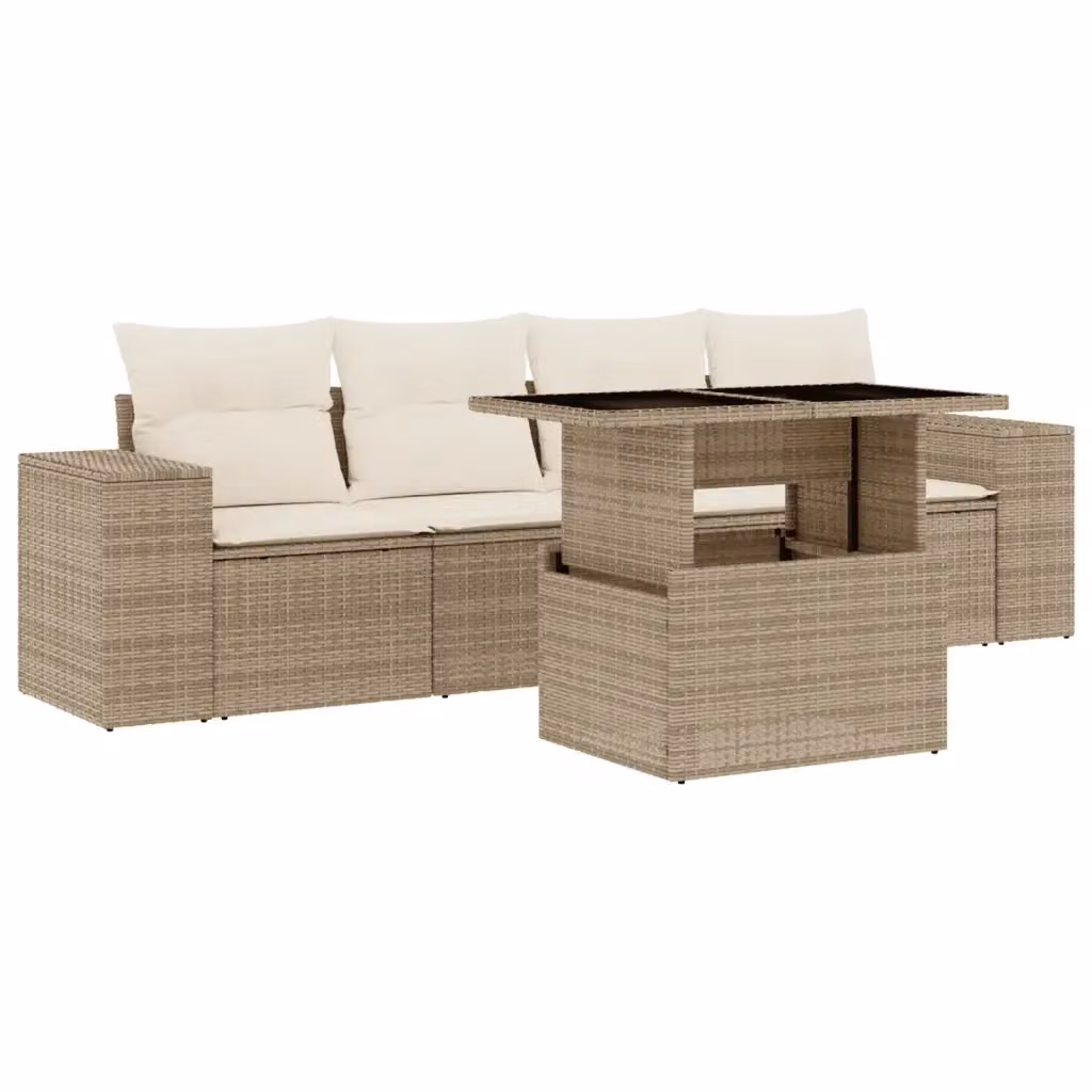 Set Divano da Giardino vidaXL 5 pz con Cuscini Beige e Tavolino in Polyrattan e Metallo – 2
