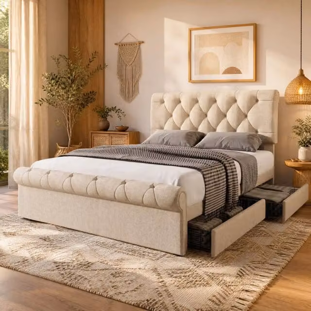 Letto matrimoniale imbottito 140x200 cm con 4 cassetti, testiera regolabile in altezza e design Chesterfield, struttura in legno massello e lino, senza materasso