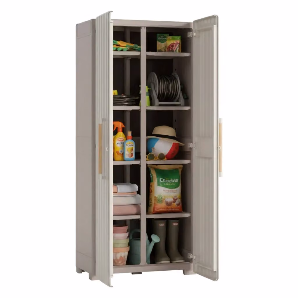 Armadio da esterno Melville DMORA colore Sabbia, mobiletto multiuso per giardino, balcone o garage con ripiani interni e serratura, L: 80 cm, P: 45 cm, H: 180 cm – 2