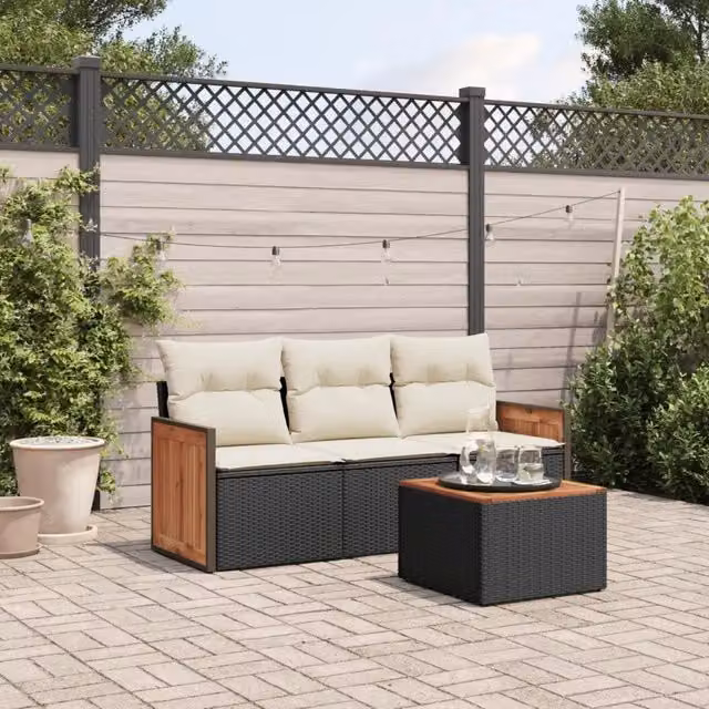 Set Divani da Giardino 4 pz con Cuscini Nero in Polyrattan 3227442