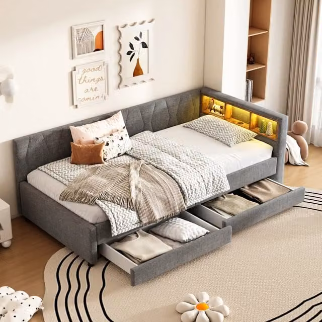 Letto singolo 90x200 cm con letto estraibile e rete a doghe; lino grigio