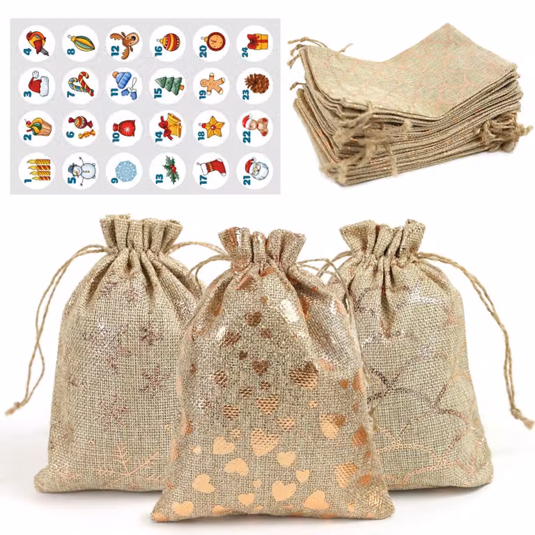 Calendario dell'Avvento, set da 24, sacchetti di juta con cordoncino, color oro, dimensioni 10x15 cm