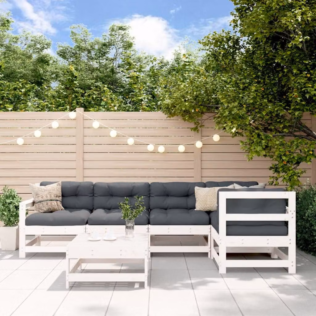 Set di Divani da Giardino vidaXL 6 Pezzi in Legno di Pino Bianco e Antracite con Cuscini e Pouf a Forma di L