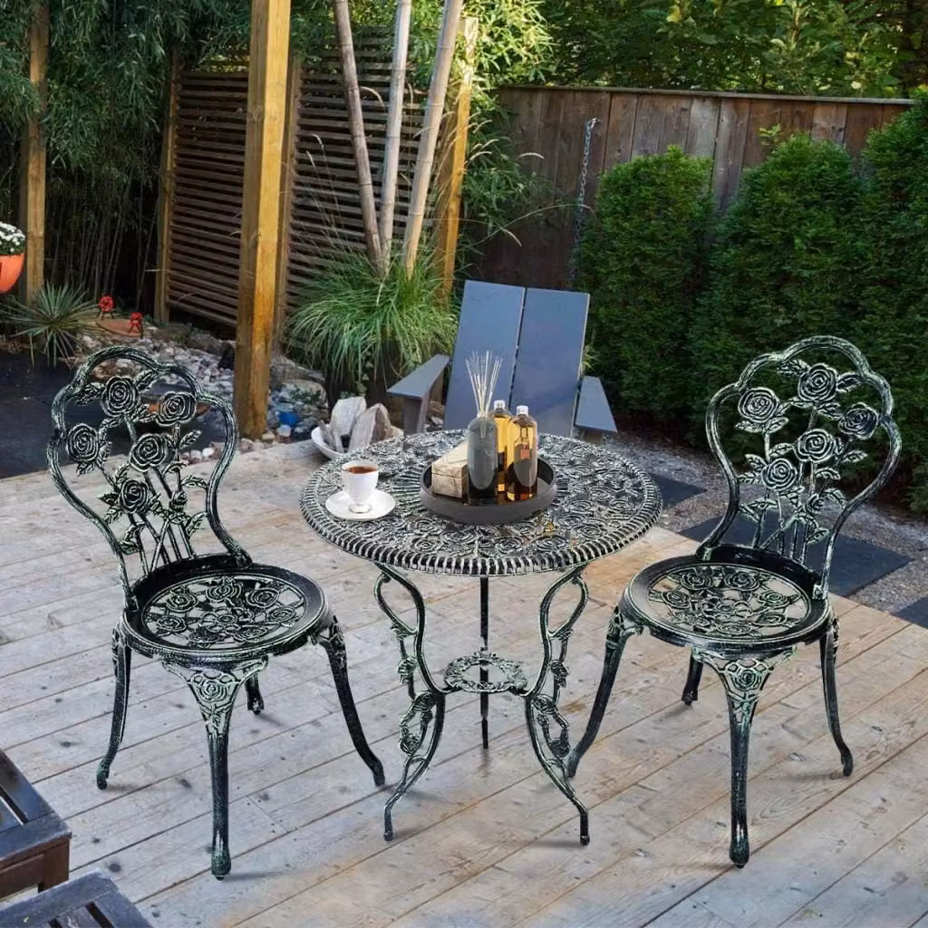 Set da Bistro da Giardino Costway con Tavolino Rotondo e 2 Sedie in Alluminio e Ghisa, Design Floreale Verde Antico – 2
