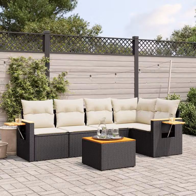 vidaXL Set Divano da Giardino a L in Polyrattan Nero con Cuscini e Tavolino da Esterno 6 pz
