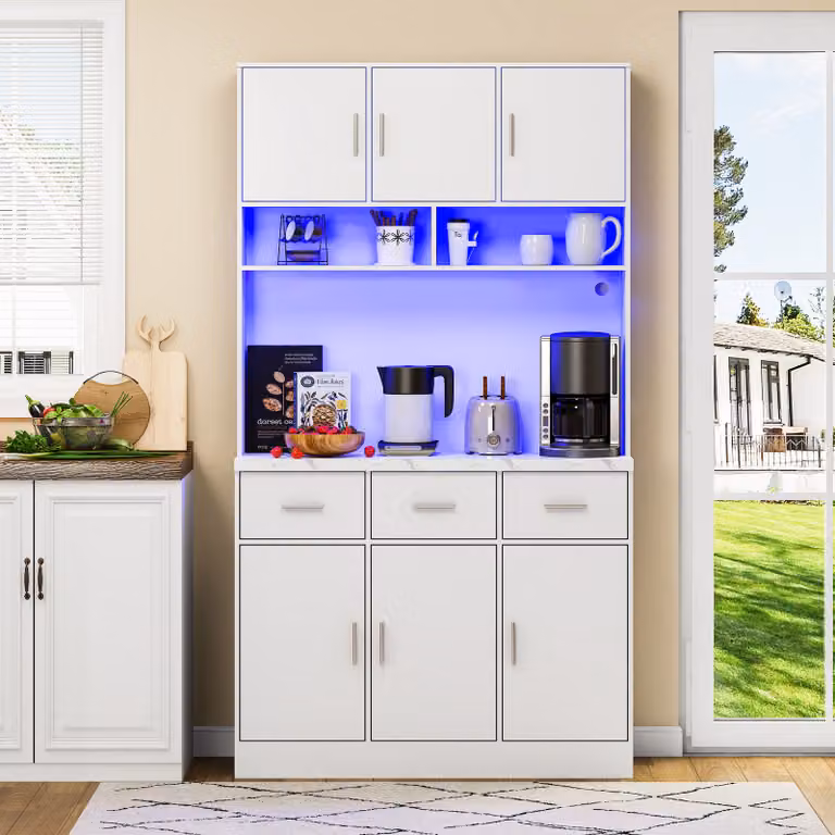 Flieks cucina mobile alto cucina buffet con funzione di ricarica (prese&USB), mobile cucina buffet mobile buffet con led, mobile cucina buffet bianco
