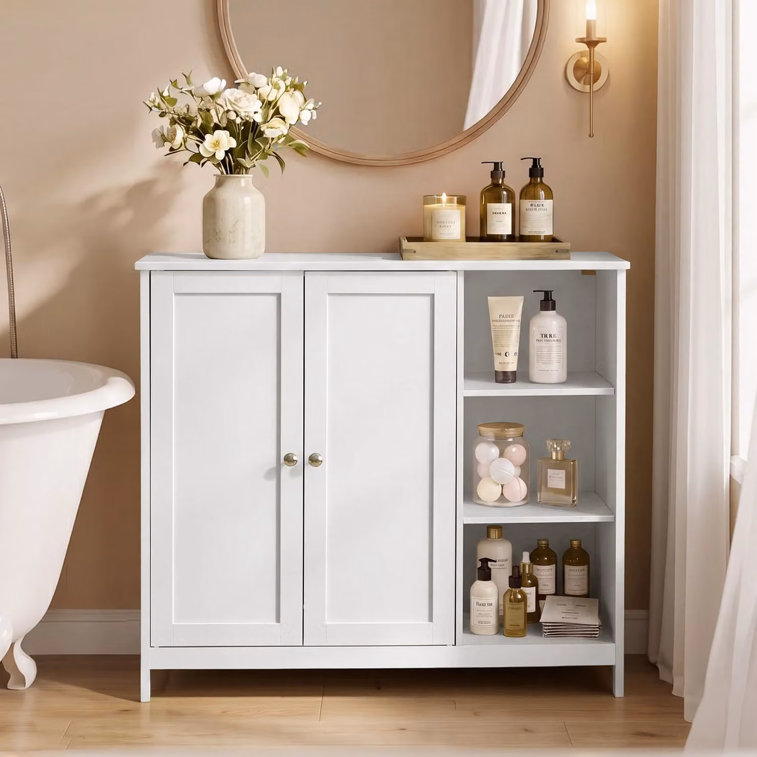 Mobile bagno da terra in MDF con ante e ripiani regolabili, Bianco