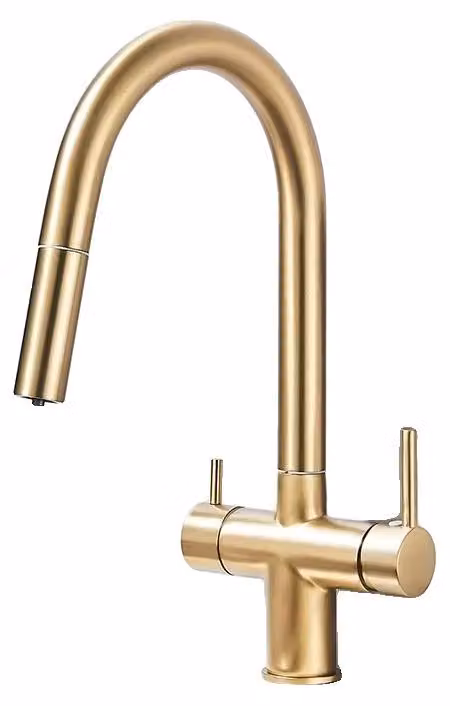 Rubinetto da cucina, con funzione spray estraibile, design a due manopole, finitura oro spazzolato