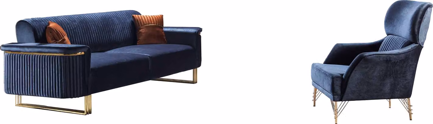Blaues Wohnzimmer Set Designer 3-Sitzer Polstersessel Luxus Möbel 2tlg