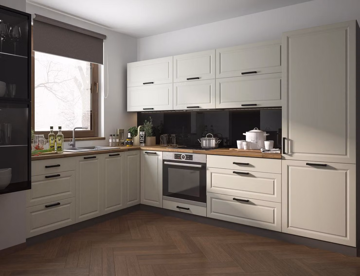 Mobile cucina a L "Amaro" cucina componibile 220x300cm fronte lava laccato bianco panna opaco
