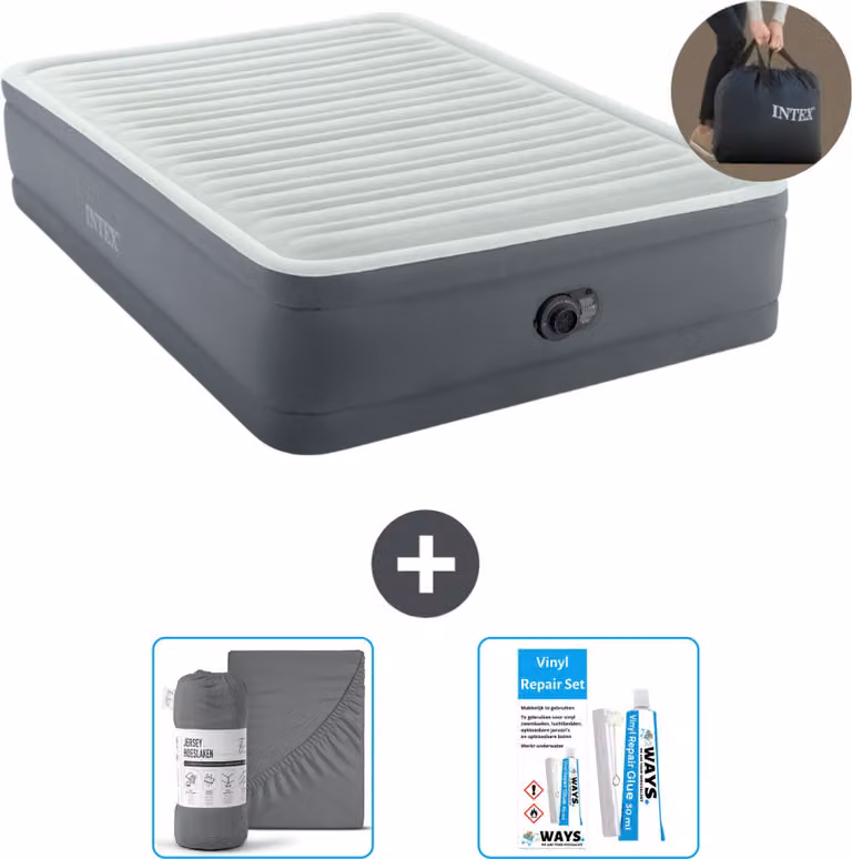 Intex Airbed - 2 persone - 152 x 203 x 46 cm - Grigio - Incluso pompa - lenzuolo e kit di riparazione