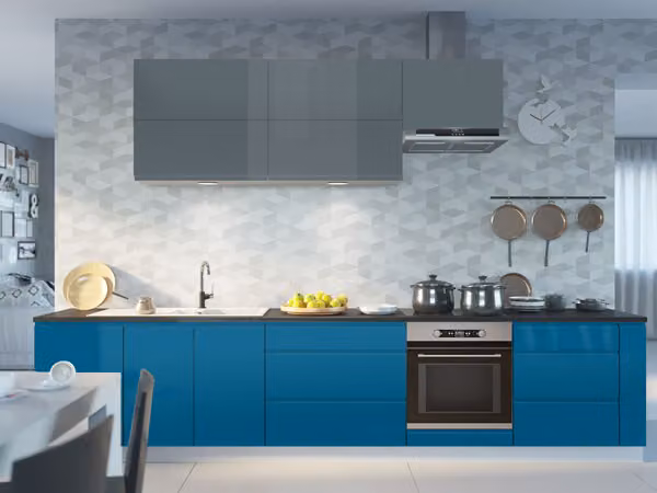 Mobile cucina FLORENCE cucina componibile 355cm bianco frontale grigio blu capri blu alta lucentezza estensione parziale