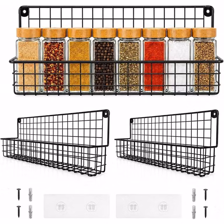 Portaspezie da cucina - Set da 2 - Nero - Montaggio senza trapano - Per armadio, parete e frigorifero