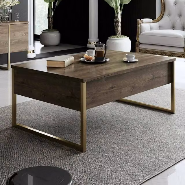 Tavolino da salotto Lavinia DMORA, tavolo basso rettangolare moderno in noce e oro, L: 90 cm, P: 60 cm, H: 40 cm