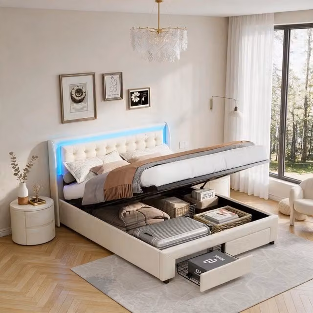 Letto matrimoniale 193x145x100 cm con contenitore LED 2 cassetti testiera imbottita in velluto struttura letto matrimoniale - beige