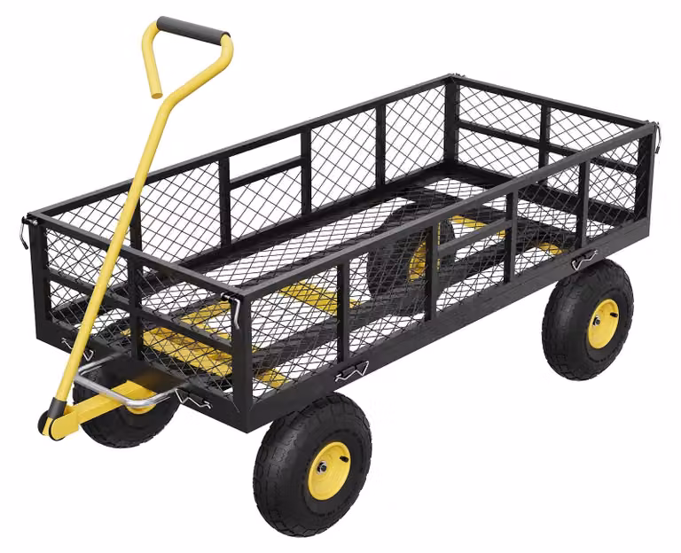 Carrello da giardino, portata 400 kg, con pareti removibili, colore nero e giallo - Nuovo