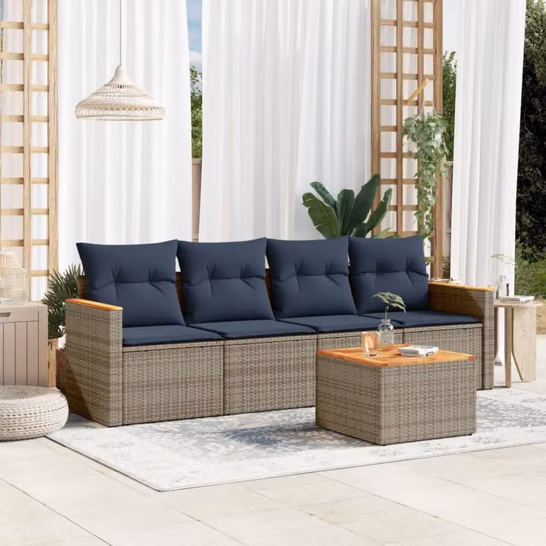Set da giardino vidaXL composto da 5 pezzi con divani e tavolino, colore grigio, in rattan con struttura in acciaio e cuscini inclusi