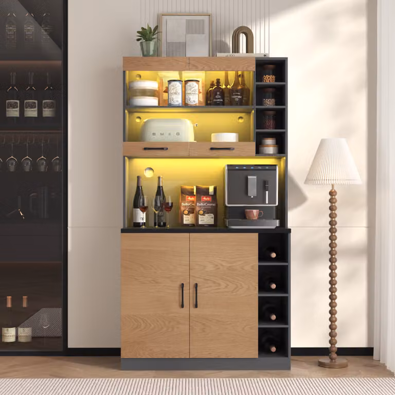 Mobiletto da cucina Merax con illuminazione ambientale a LED e fori per cavi, pannello alto 100x47x187 cm - ripiani regolabili in altezza per microonde, a libera installazione