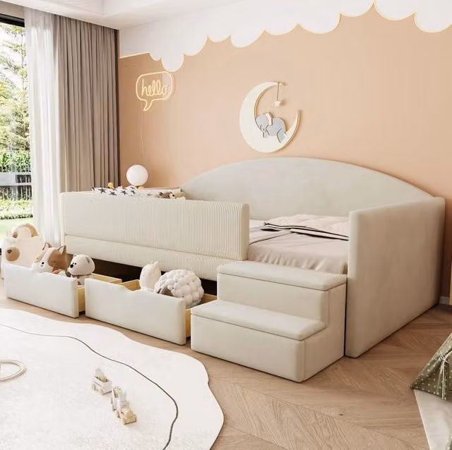 Letto imbottito con cassetti e scalini 90x190 cm; velluto beige