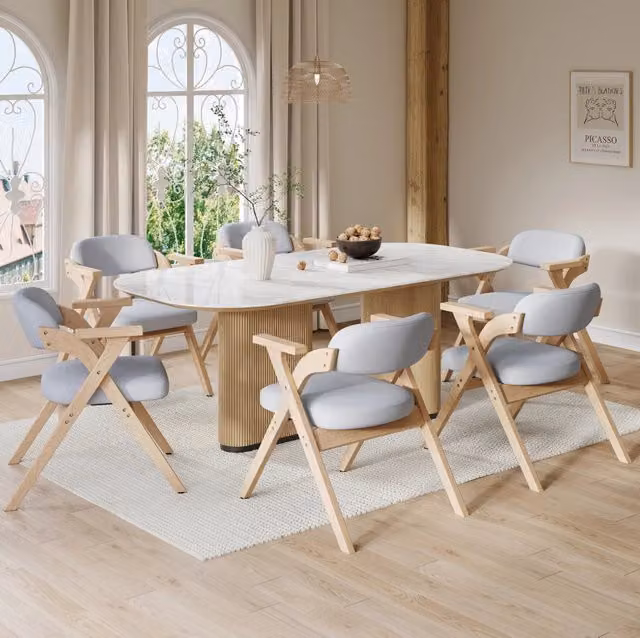 Set di 6 Sedie Pieghevoli in Legno Massello con Cuscini in Lino Grigio per Sala da Pranzo e Soggiorno