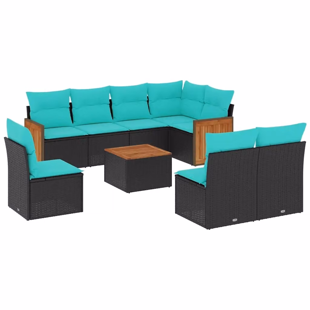 Set di Divani da Giardino a L con Polyrattan e Tavolino vidaXL, 9 Pezzi, Nero e Blu con Cuscini Inclusi – 2
