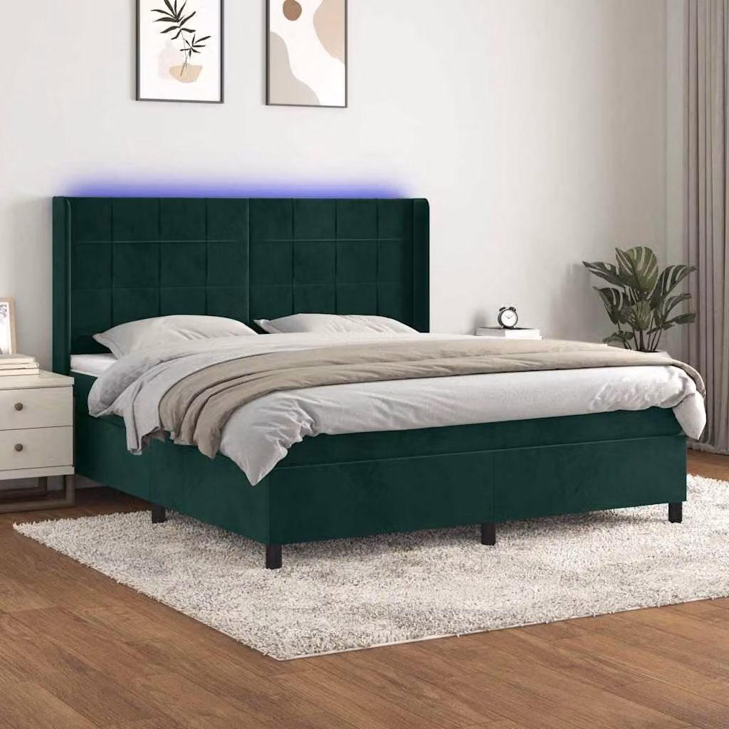 Letto Ibrido con Materasso a Molle a Tasche vidaXL in Velluto Verde Scuro con Illuminazione LED e Porte USB L/P/H: 160 x 200 x 163 cm