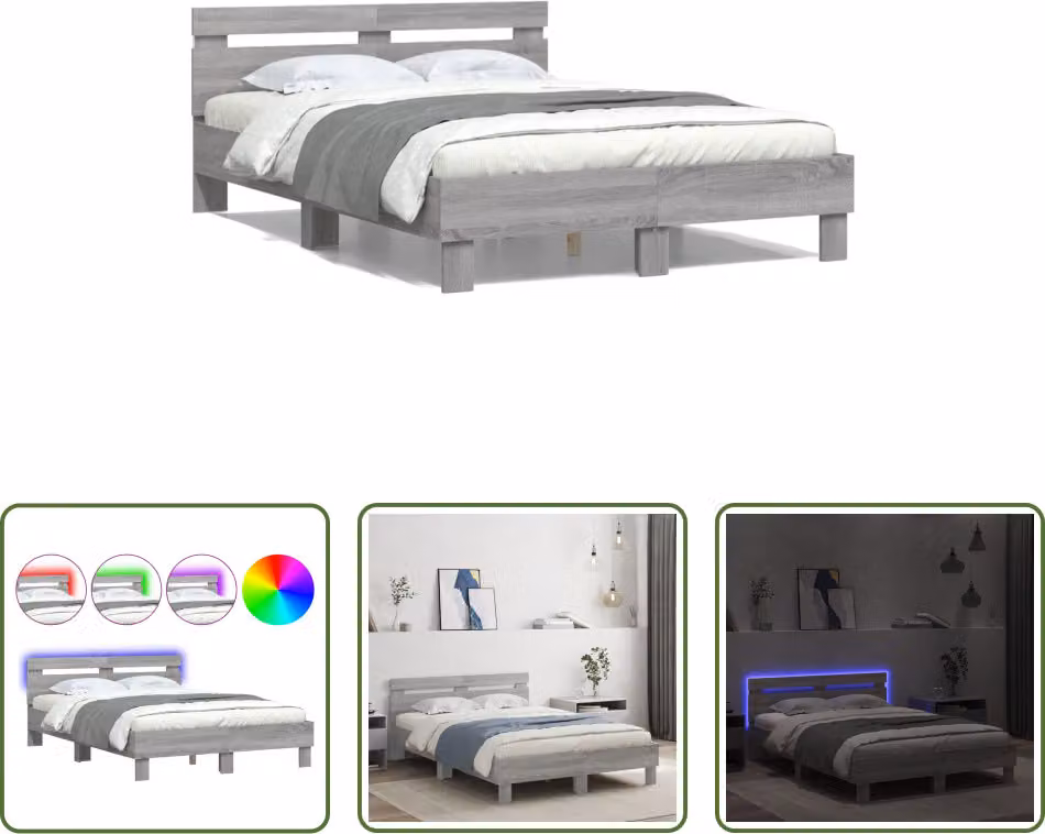 The Living Store Giroletto con testiera Illuminazione LED Grigio Sonoma 120x200 cm