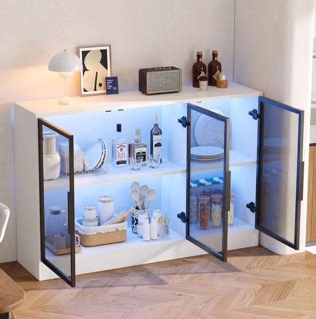 Vetrina moderna MODFU in legno e vetro con illuminazione integrata e ante soft-close, bianca e grigia, L: 120 cm, P: 30 cm, H: 73 cm