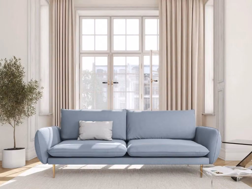 Divano 4 posti Vienna di Cosmopolitan Design in velluto azzurro con struttura in metallo L: 230 cm, P: 95 cm, H: 58,8 cm – 2